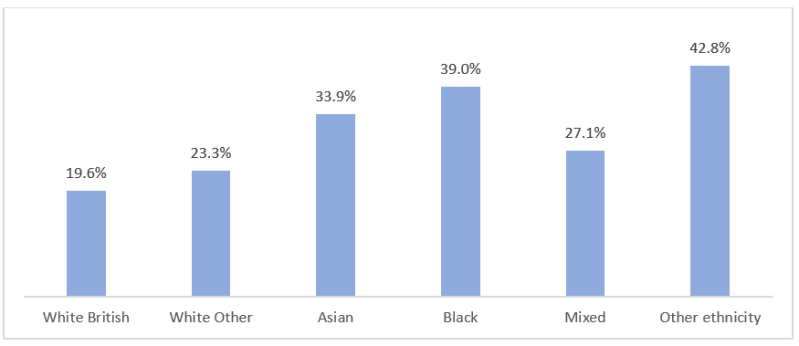 19.6% White British, 23.3% White Other, 33.9% Asian, 39% Black, 27.1% Mixed, 42.8% Other ethnicity