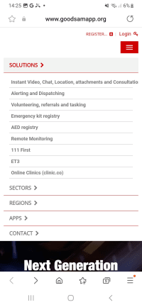 A screenshot of the solutions available on the GoodSAM website including the emergency kit registry