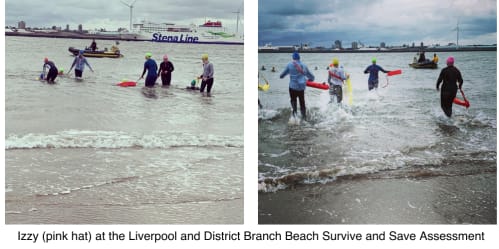 Two pictures showing people in the sea, taking part in the RLSS UK Beach Survive and Save assessment