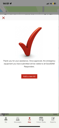 A screenshot of what appears when you sucessfully register a piece of equipment on the GoodSAM app